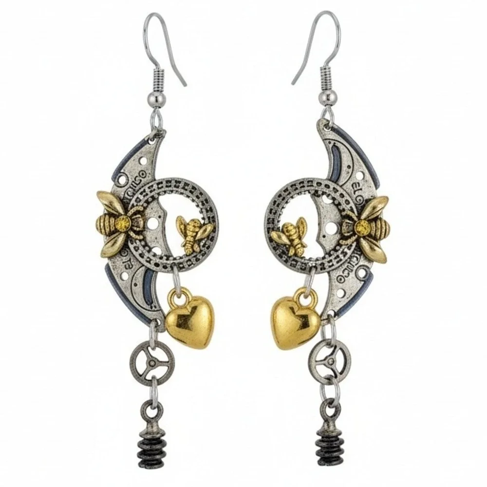Steampunk Celestial Moon Heart Bee Dangle Drop Earrings